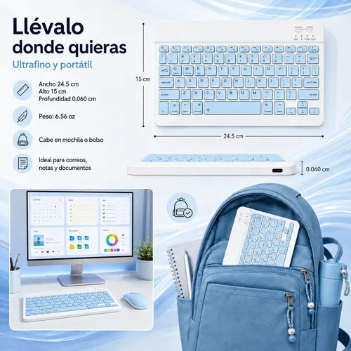 Kit Teclado Y Mouse Bluetooth Para Pc Tablet Y Celular Blanco/azul Azul/celeste