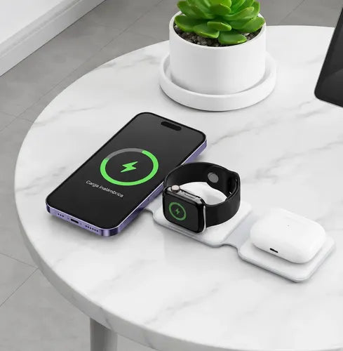 Cargador Inalámbrico Magnético 3 En 1, Plegable Y Portátil Compatible Con iPhone, Samsung Y Dispositivos Con Tecnología Qi Blanco