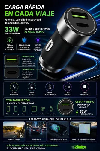 Cargador De Auto Rápido De 33w Con Usb-c Y Usb-a Para iPhone, Samsung Y Xiaomi Negro