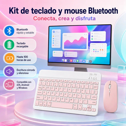Kit Teclado Y Mouse Bluetooth Para Pc Tablet Y Celular Blanco/rosa Rosa Claro