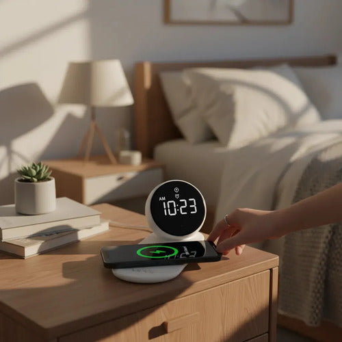 Reloj Despertador Digital Diegmark Con Carga Inalámbrica Y Altavoz Bluetooth Para iPhone Y Android Blanco