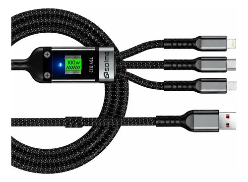 Cable Multicarga 3 En 1 100w Usb L Tipo C Micro Usb 1.2 M Negro