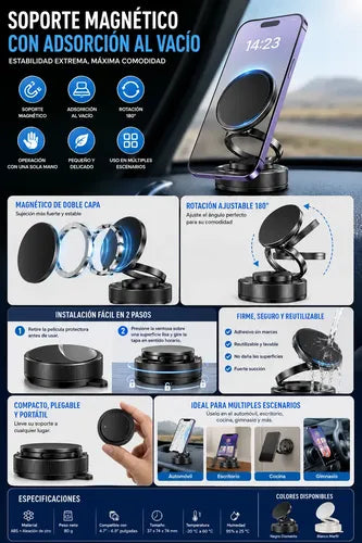 Soporte Magnético Adsorción Al Vacío Para Auto Rotación 180° Negro/bronce