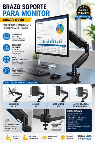 Soporte Monitor Articulado 17 A 32 Pulgadas Vesa Ajustable Negro