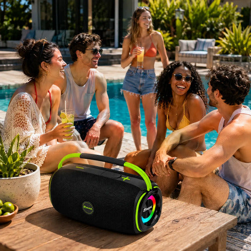 Parlante Bluetooth 10w Luces Rgb Recargable Radio Fm Tws Negro/verde