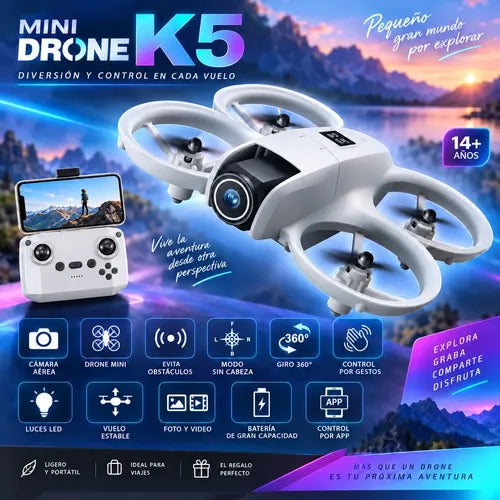 Drone Mini K5 2.4ghz Cámara Aérea Control Remoto Luces Led Gris