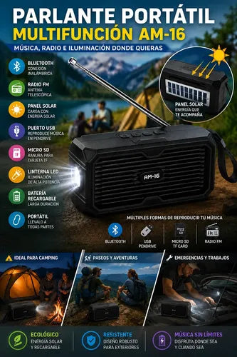 Parlante Portátil Solar 5w Radio Fm Linterna Led Recargable
