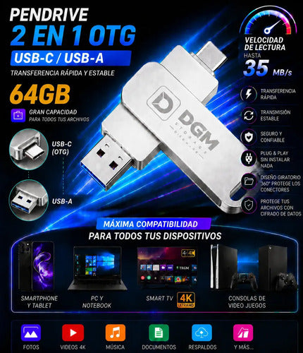 Pendrive Diegmark 64gb Usb C Y Usb A 3.0 Para Smartphone, Tablet Y Pc Plateado Otg