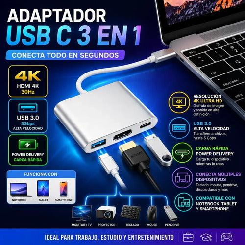 Adaptador Usb C A Hdmi 4k Y Usb 3.0 Para Carga Rápida De Notebook Y Tablet Plateado