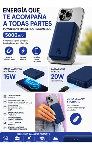 Kit Powerbank Magnético 5000mah Para iPhone Samsung + Bolso Azul/beige