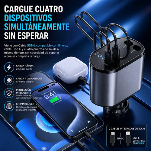 Cargador Auto 120w 4 En 1 Con 2 Cables Retráctiles 2 Puertos Negro