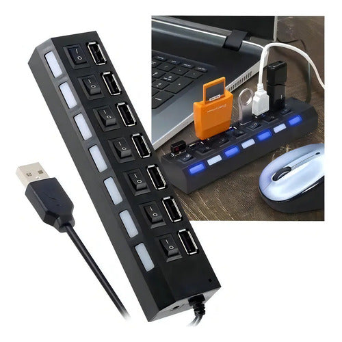 Hub Usb De 7 Puertos Con Interruptores Y Luces Led Para Pc Y Laptop Negro