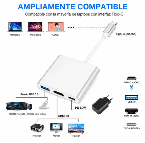 Adaptador Usb C A Hdmi 4k Y Usb 3.0 Para Carga Rápida De Notebook Y Tablet Plateado