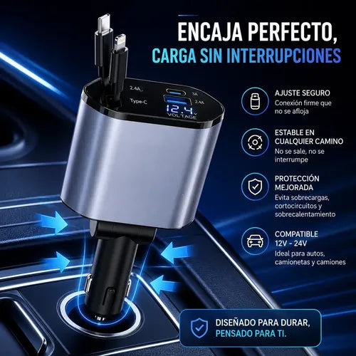 Cargador Auto 120w 4 En 1 Con 2 Cables Retráctiles 2 Puertos Negro