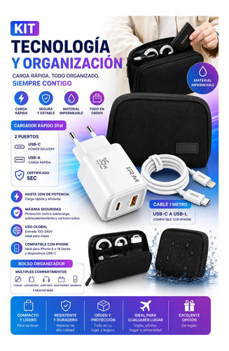 Kit Cargador Rápido 35w Para iPhone + Bolso Organizador Blanco/negro