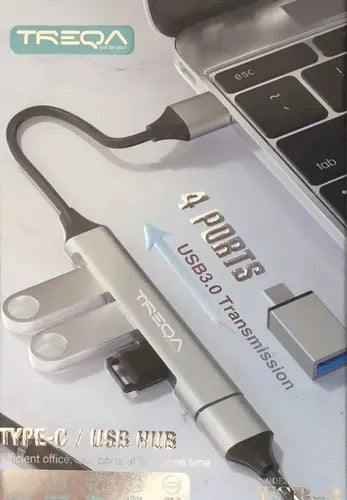 Hub Usb Treqa De 4 Puertos Con Adaptador Tipo C Para Pc Macbook Y Laptop Plateado
