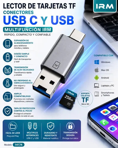 Lector De Tarjetas Tf Micro Sd Conectores Usb C Usb Compacto Gris