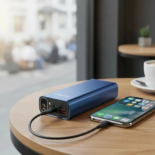 Power Bank 20000mah Gran Capacidad 4 Cables Integrados Carga Rápida Pd Pantalla Led Linterna Led Batería Portátil... Azul