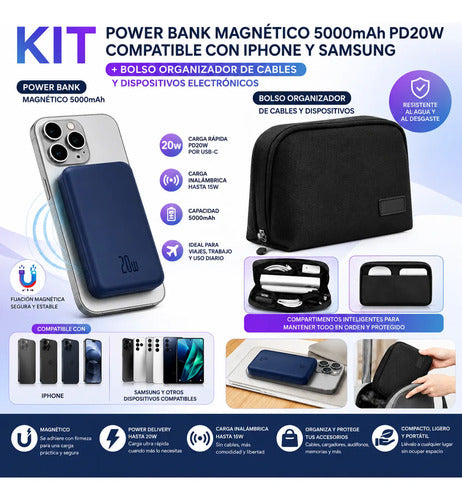 Kit Powerbank Magnético 5000mah Para iPhone Samsung + Bolso Azul/negro