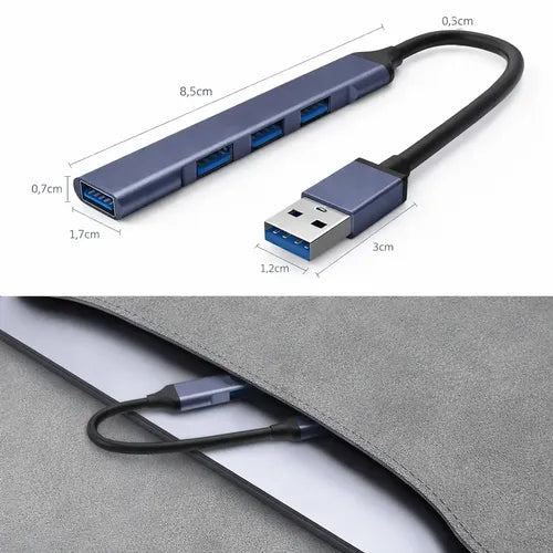 Hub Usb De 4 Puertos Con Adaptador Tipo C Para Macbook Y Laptop Gris Azulado Metalizado