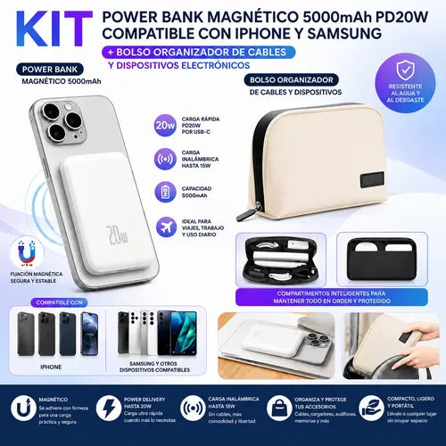 Kit Powerbank 5000mah Magnético Para iPhone Samsung + Bolso