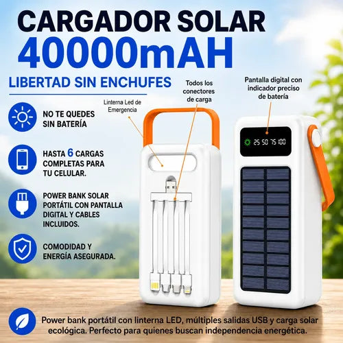 Power Bank Solar 40000mah Con Linterna Led Cables Integrados Blanco