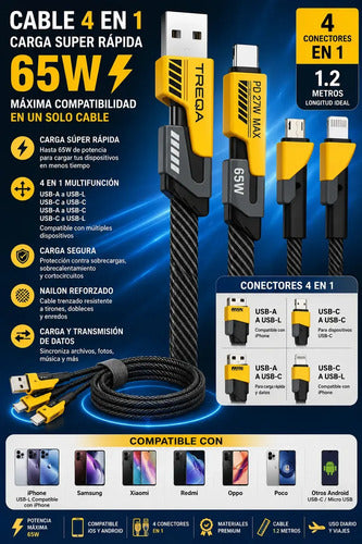 Cable Treqa 65w 4 En 1 Usb-a/c/l Para iPhone 14 Y Android Negro