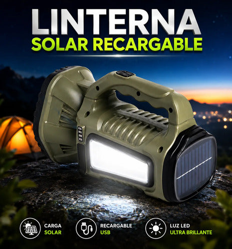Linterna Led Cob Solar Recargable Usb 1200mah Ajustable 90° Luz Led Blanco Verde