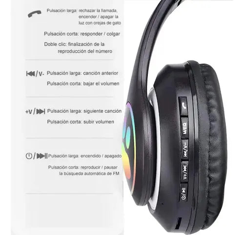 Audífonos Inalámbricos Orejas Gato Con Micrófono Recargables Negro