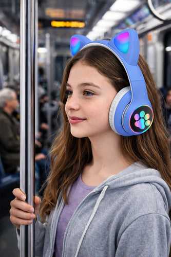 Audífonos Inalámbricos Orejas Gato Con Micrófono Recargables Azul