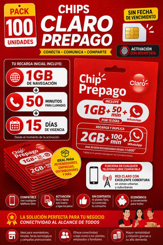Chips Claro Prepago Pack 100 Unidades Chip Telefonia