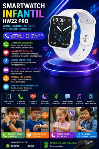 Smartwatch Infantil Hw22 Pro Blanco Con Pantalla De 1.75  Para Llamadas Y Salud Hebilla