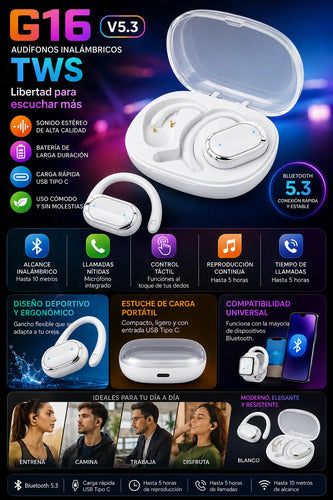 Audífonos Deportivos Bluetooth 5.3 Tws G16 Control Táctil Blanco