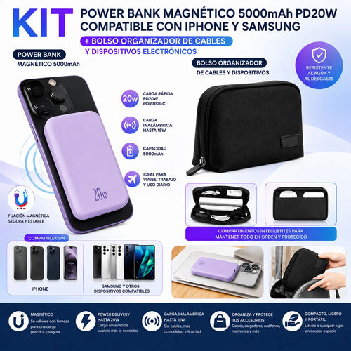 Kit Powerbank Magnético Para iPhone Samsung 5000mah + Bolso