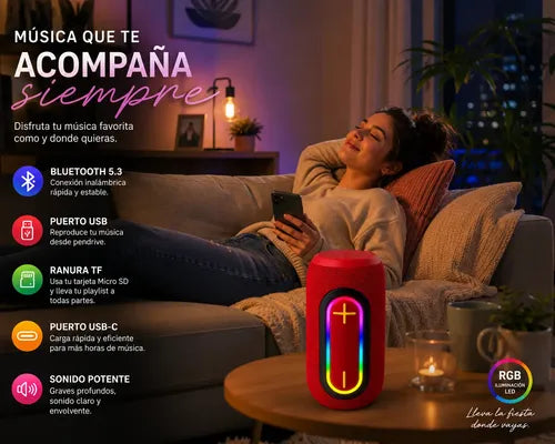 Parlante Inalámbrico Recargable Bs-27 Luz Rgb Sonido Potente Rojo