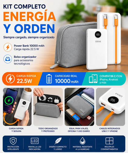 Kit Powerbank 10000mah Carga Rápida + Bolso Organizador Blanco/gris