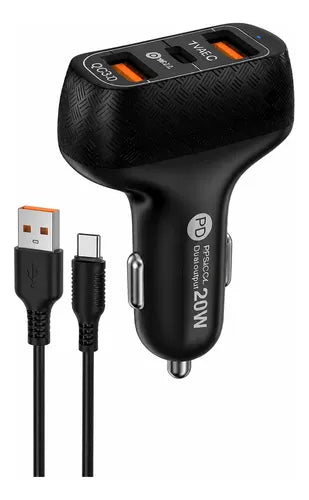 Cargador Rápido Para Auto 20w Usb C Y Qc3.0 Con Cable Negro