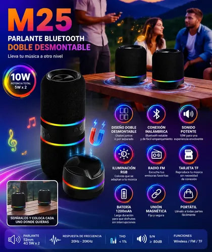 Parlante Inalámbrico M25 Doble Rgb Desmontable 10w Radio Fm