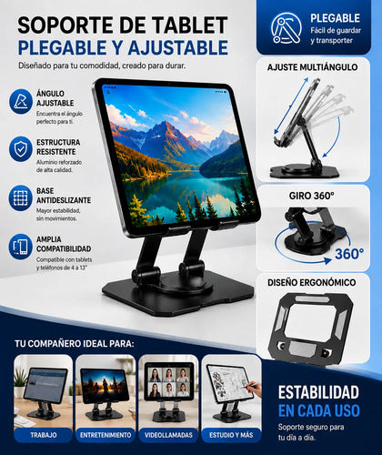 Soporte Metálico Ajustable Plegable Para Tablet Y Celular Negro