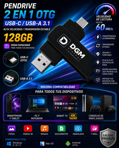 Pendrive Flash Drive Otg 128gb Usb Usb-c 3.1 Alta Velocidad Negro Otg Dual Usb-c Usb-a