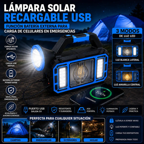 Linterna Solar Multifunción Portátil Luz Led Recargable Usb Blanca/ Amarilla Azul Negro