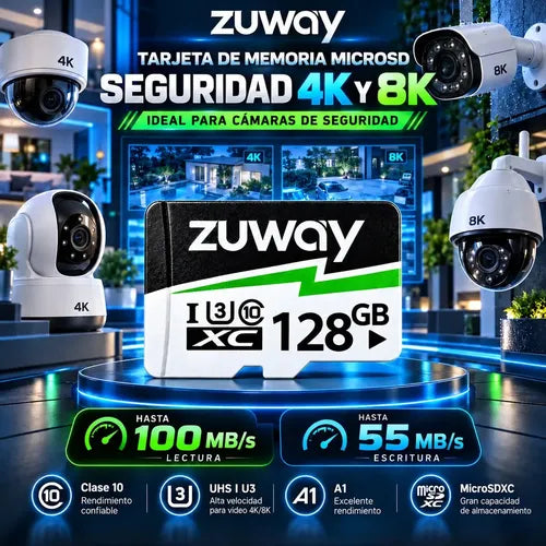 Tarjeta De Memoria Microsd Zuway 128gb Clase 10 U3 A1 Alta Velocidad 100mb/s Premium Compatible Con Nintendo Swicht 1, Video 8k, Celulares, Tablets, Cámaras De Seguridad Y Deportivas, Uso Profesional