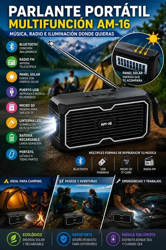 Parlante Portátil Solar 5w Radio Fm Linterna Led Recargable