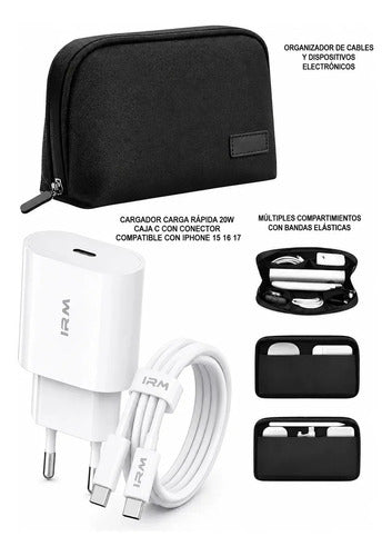 Kit Cargador Rápido Usb-c De 20w Para iPhone 15, 16, 17 Y Samsung Galaxy Con Cable De 1m Y Bolso Organizador Blanco/negro