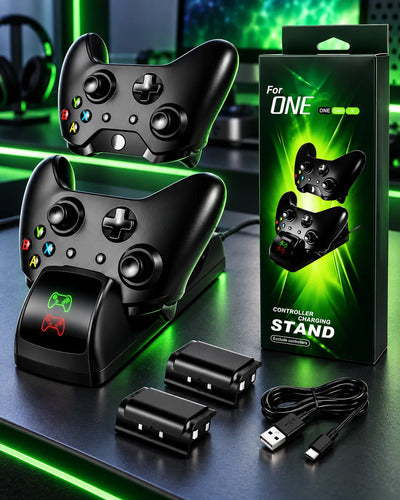 Base Cargador Doble Para Controles Xbox One S/x + 2 Baterias