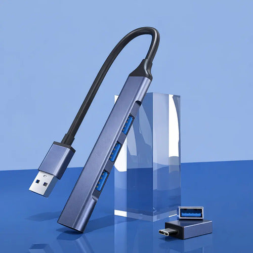 Hub Usb De 4 Puertos Con Adaptador Tipo C Para Macbook Y Laptop Gris Azulado Metalizado