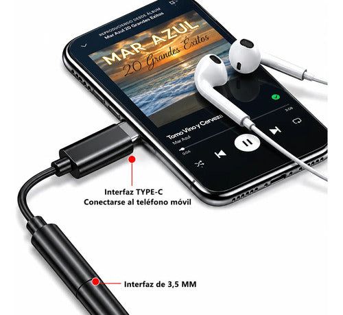 Adaptador Audio Tipo C A Jack 3.5mm Conector De Audífonos Negro