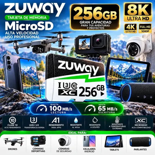 Tarjeta De Memoria Microsd Zuway 256gb Clase 10 U3 A1 Alta Velocidad 100mb/s Premium Compatible Con Nintendo Swicht 1, Video 8k, Celulares, Tablets, Cámaras De Seguridad Y Deportivas, Uso Profesional