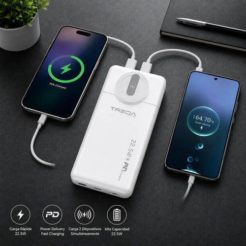 Powerbank 10000mah Carga Rápida Pd20w 22.5w 2 Puertos Usb Blanco