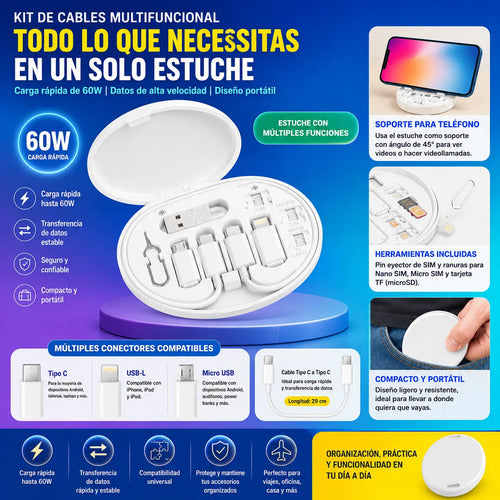 Kit De Cables Multifuncional 60w Tipo C Micro Usb Usb L Blanco